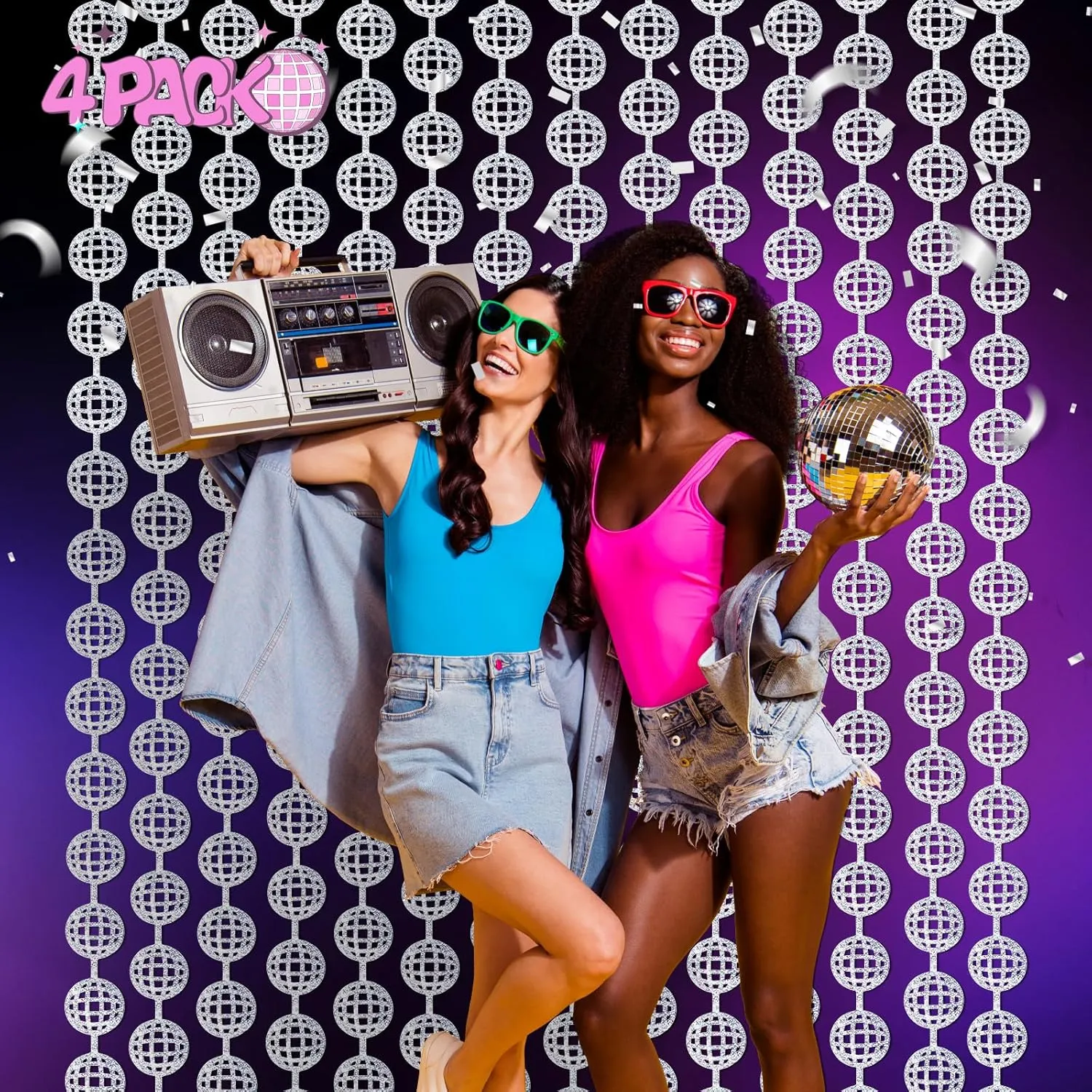 Disco Party Decorations, 4 Pack Disco Ball Photo Booth Props,3.3x6.6 ft Silver Foil Fringe Curtains Photo Backdrop for The 70s & 80s Last Disco Bachelorette, Decades, Taylor Party Decor
