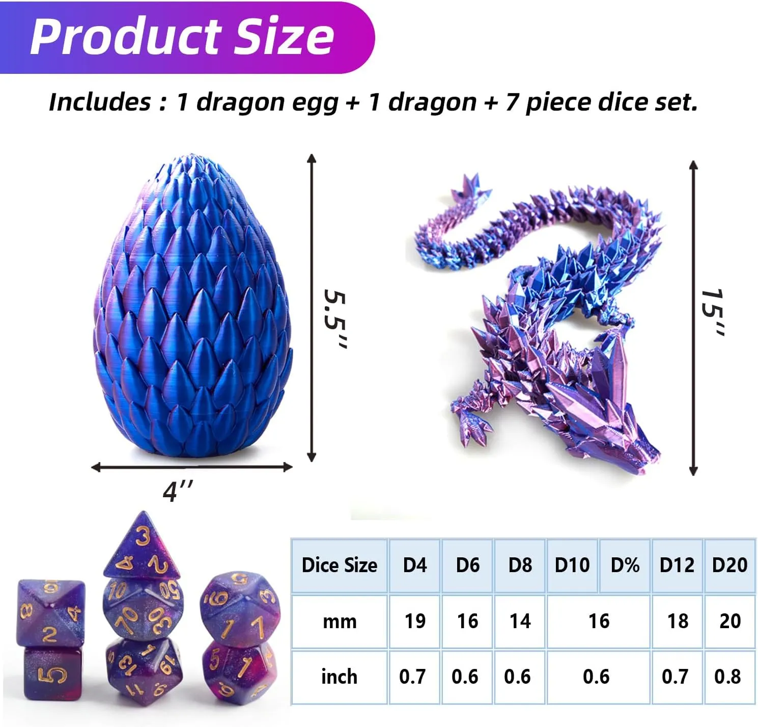 DND Dice Set (7 Pieces) and 3D Printed Dragon Egg,Fidget Toys,Surprise Dragon Egg and Polyhedral Dice Set with Gift Box,Playing Game with Dragon Eggs for RPG DND MTG