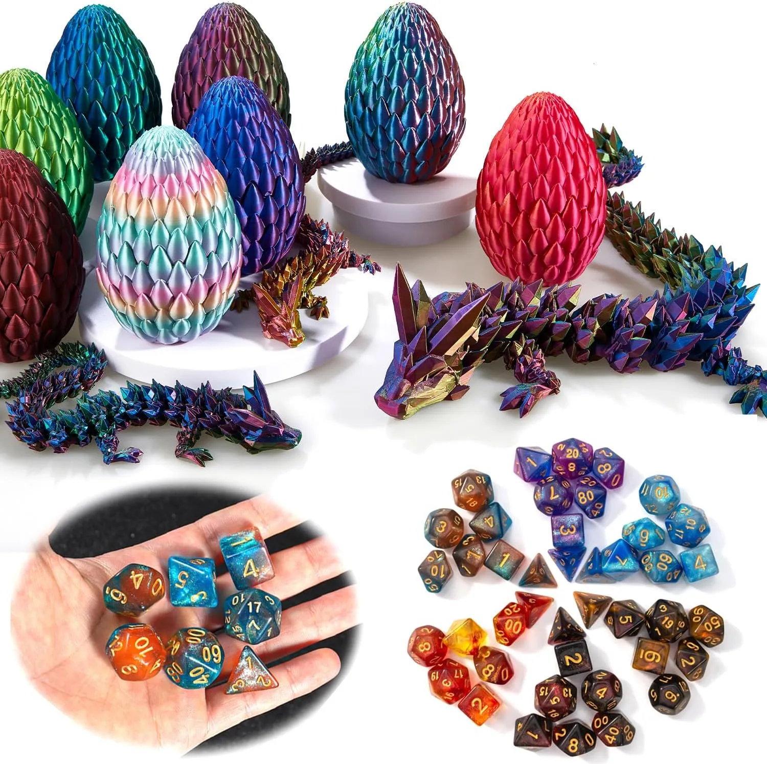 DND Dice Set (7 Pieces) and 3D Printed Dragon Egg,Fidget Toys,Surprise Dragon Egg and Polyhedral Dice Set with Gift Box,Playing Game with Dragon Eggs for RPG DND MTG