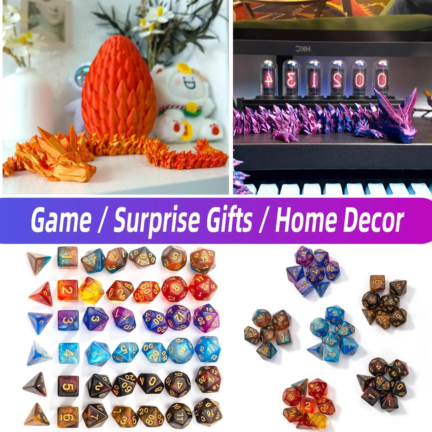 DND Dice Set (7 Pieces) and 3D Printed Dragon Egg,Fidget Toys,Surprise Dragon Egg and Polyhedral Dice Set with Gift Box,Playing Game with Dragon Eggs for RPG DND MTG