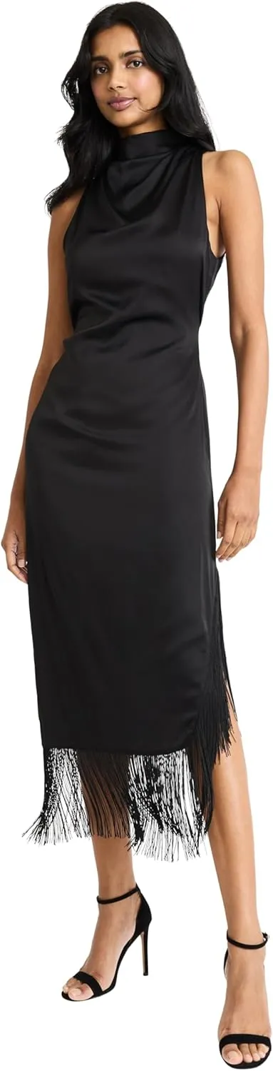 Donna Morgan Women's Cowl Neck Maxi with Fringe Hem