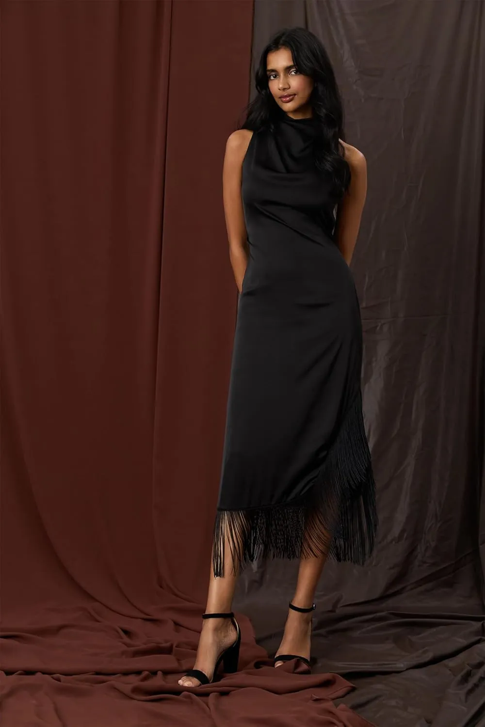 Donna Morgan Women's Cowl Neck Maxi with Fringe Hem