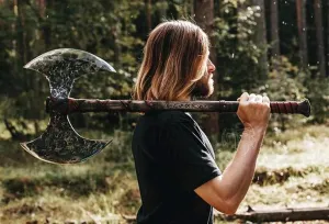 Double Headed Carbon Steel Viking Bearded Axe with Wooden Handle - Scandinavian Style Axe, Norse Axe, Seax