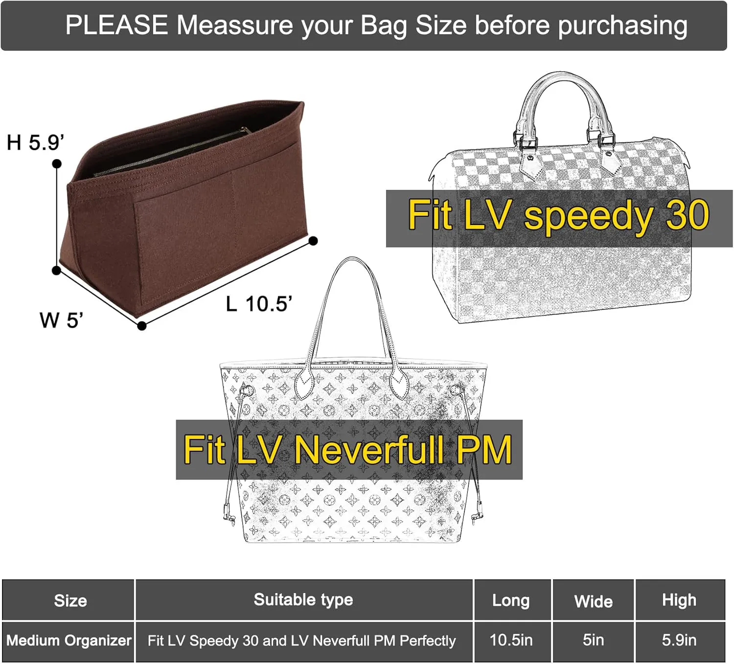 Doxo Purse Organizer Insert for Handbags & Base Shaper 2pc Set, Felt Bag Organizer for Tote with 3 Sizes, Compatible with Neverful Speedy and More (PM-Brown-Medium)