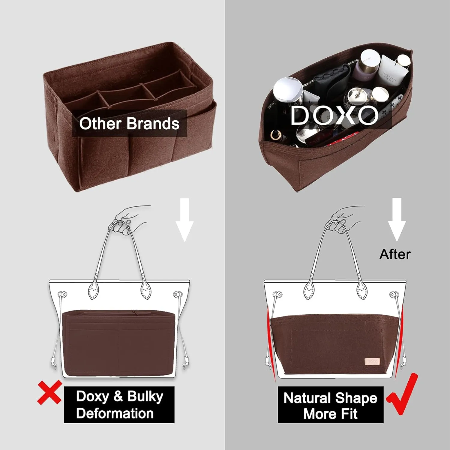 Doxo Purse Organizer Insert for Handbags & Base Shaper 2pc Set, Felt Bag Organizer for Tote with 3 Sizes, Compatible with Neverful Speedy and More (PM-Brown-Medium)