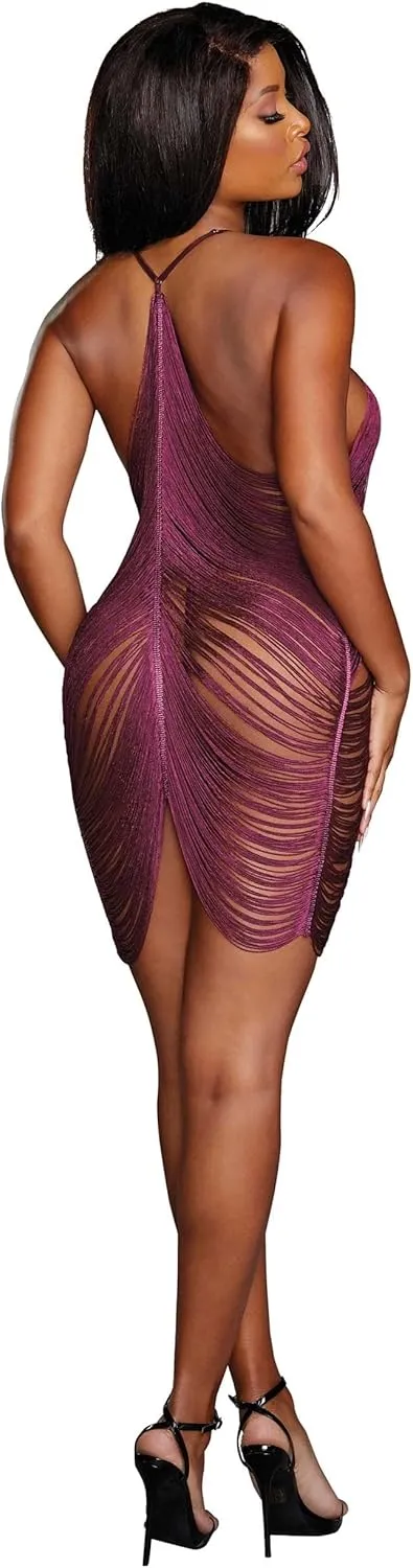 Dreamgirl womens Sexy Draped Fringe Lingerie Dress With T-back and Mesh G-string adult exotic chemises, Midnight