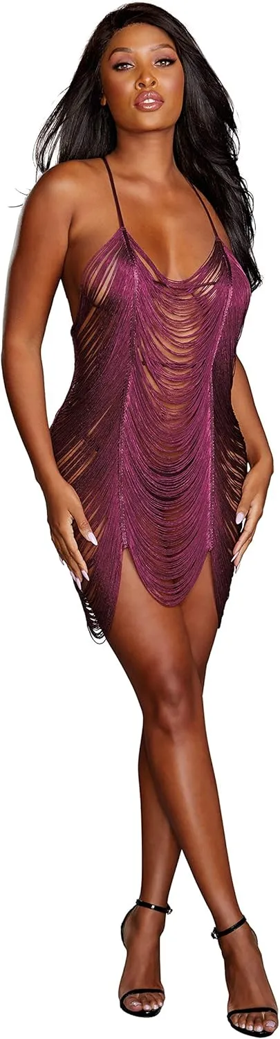 Dreamgirl womens Sexy Draped Fringe Lingerie Dress With T-back and Mesh G-string adult exotic chemises, Midnight