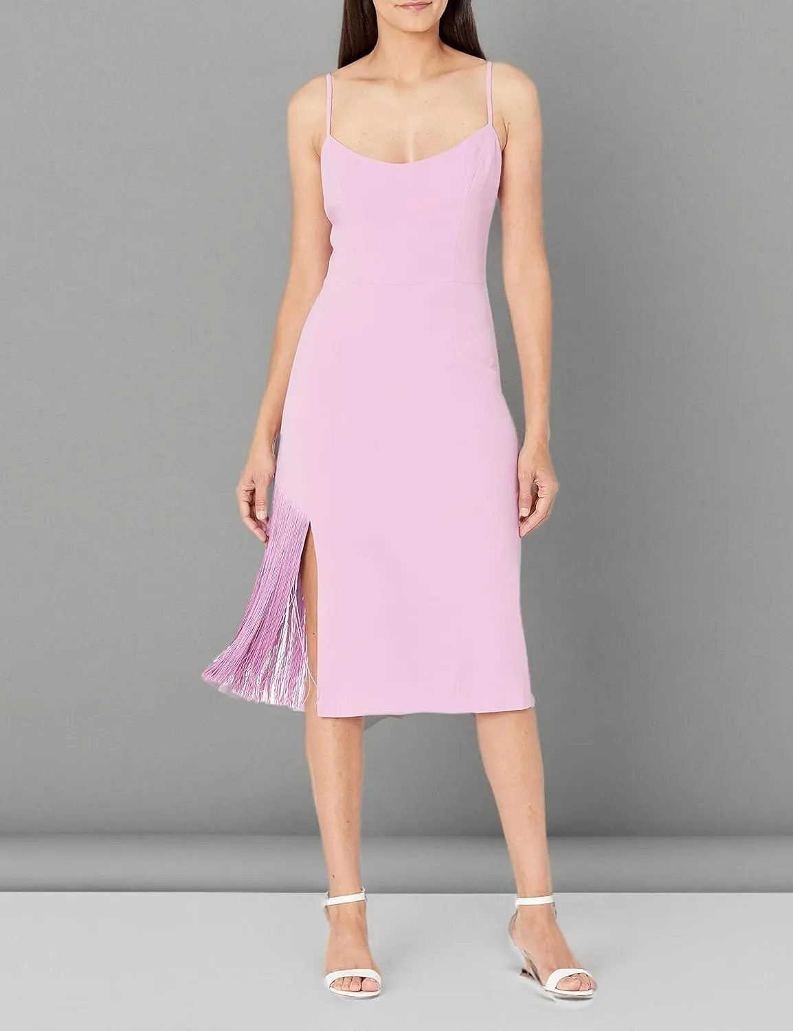 Dress the Population Women's Rory Sleeveless Stretch Midi Sheath Dress with Fringe