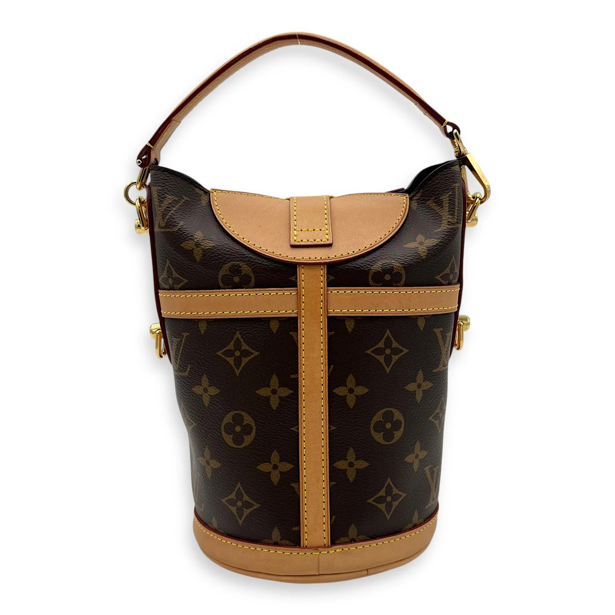 Duffle Brown Top Handle Bag in Monogram Coated Canvas, Gold hardware