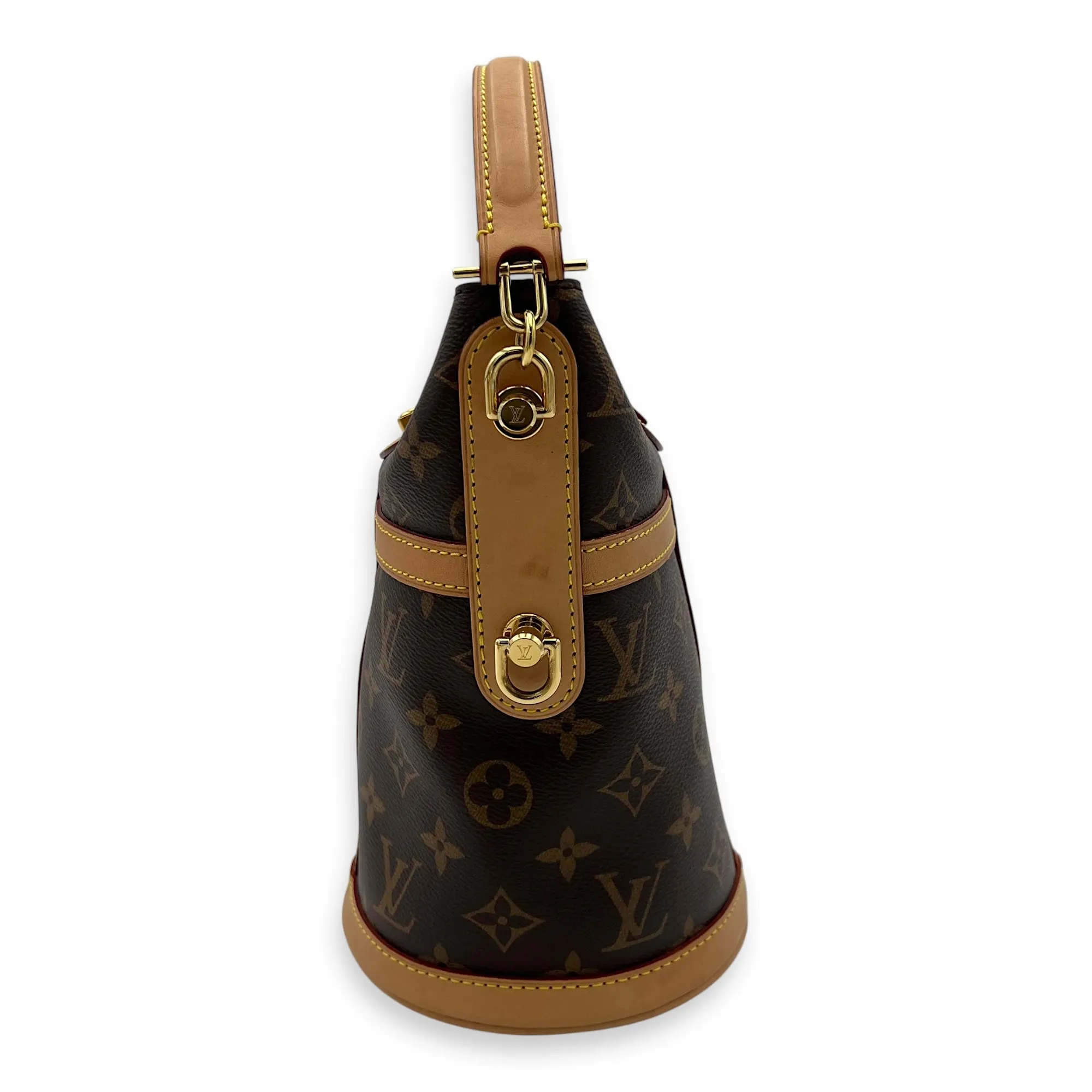 Duffle Brown Top Handle Bag in Monogram Coated Canvas, Gold hardware