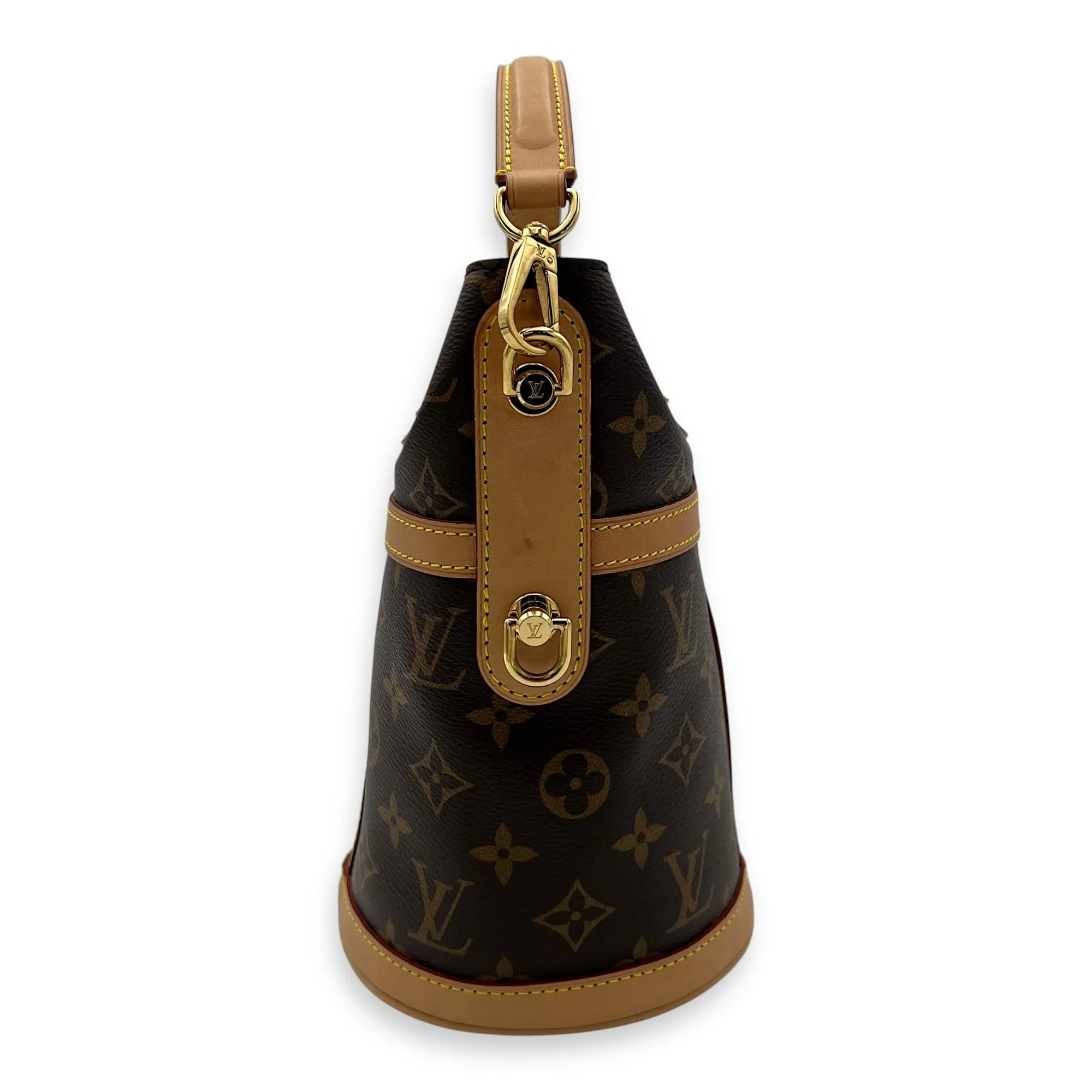 Duffle Brown Top Handle Bag in Monogram Coated Canvas, Gold hardware