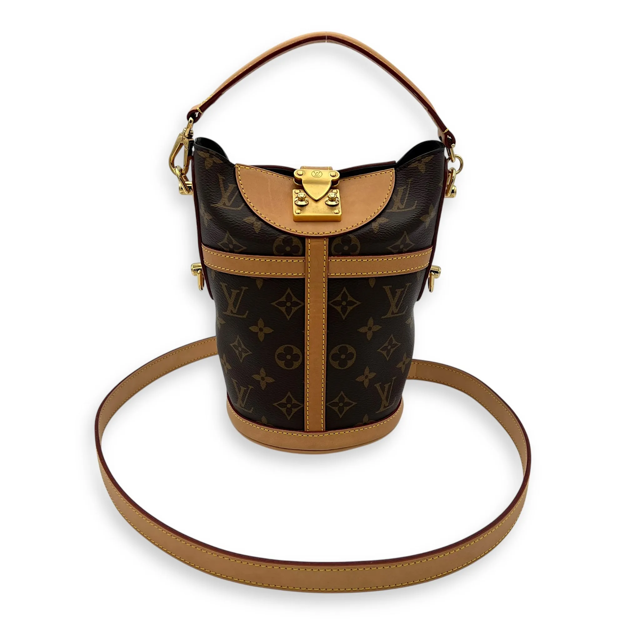 Duffle Brown Top Handle Bag in Monogram Coated Canvas, Gold hardware