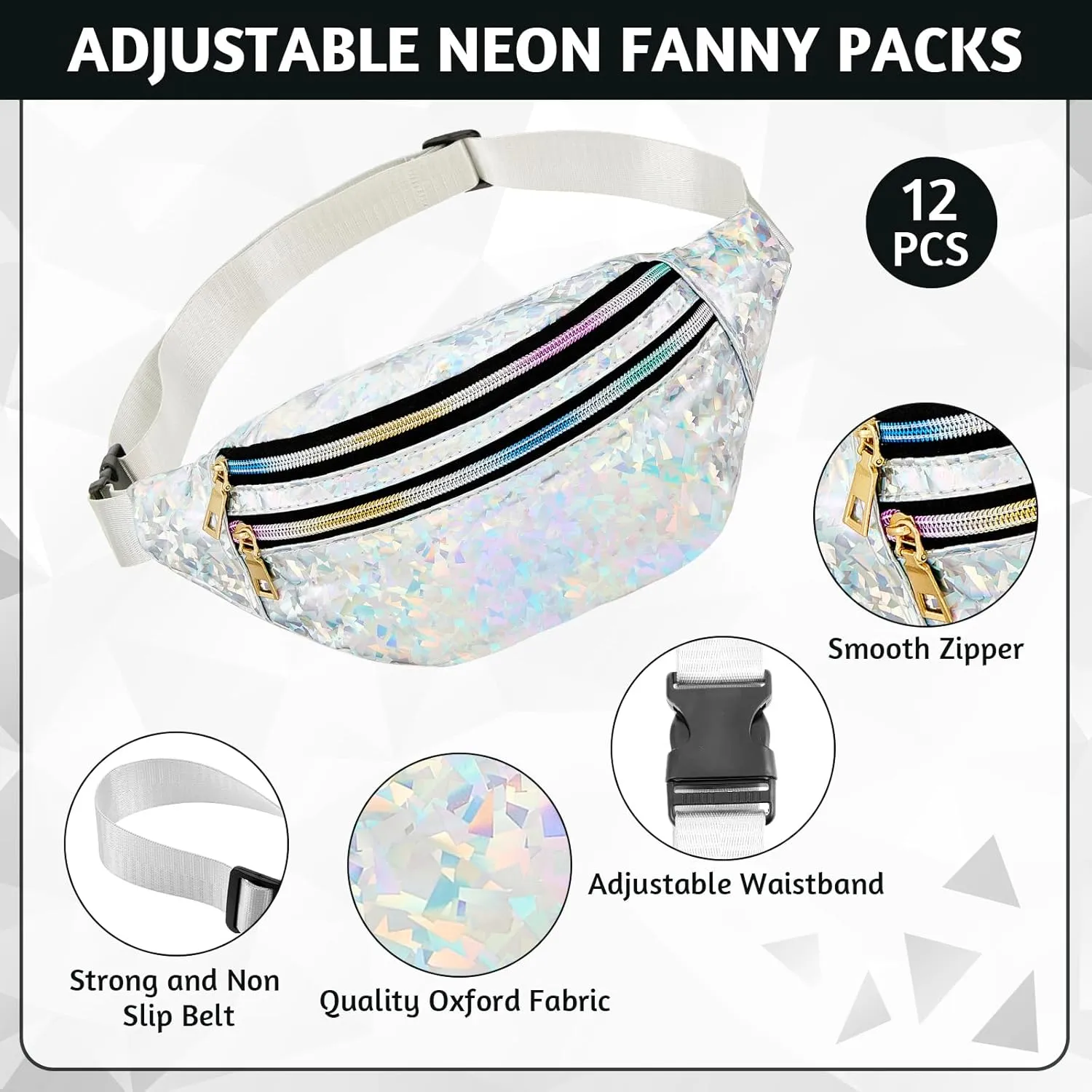 Dunzy 12 pcs Bachelorette Fanny Pack Bride Bridesmaid Holographic Waist Bag Waterproof Fanny Pack for Bachelorette Wedding Party(Silver)