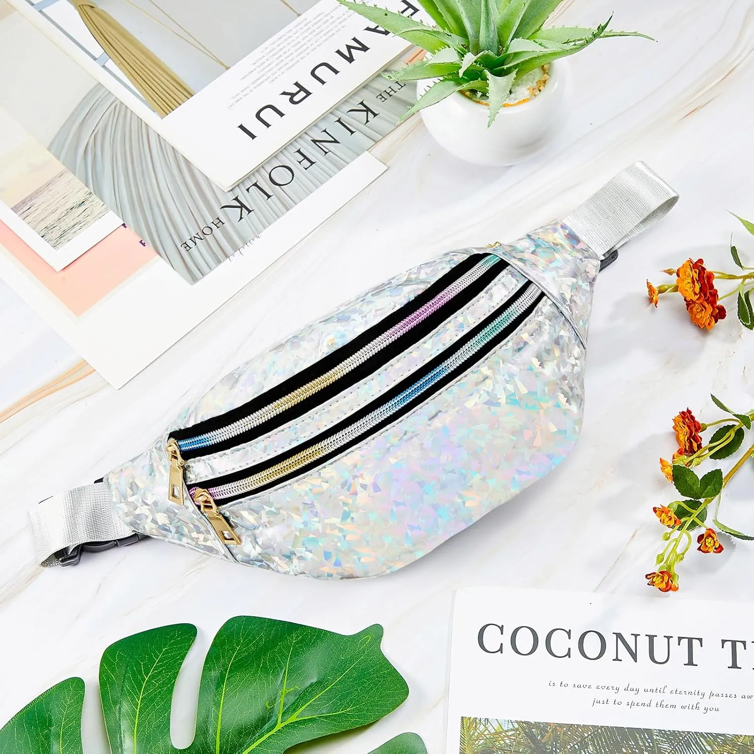 Dunzy 12 pcs Bachelorette Fanny Pack Bride Bridesmaid Holographic Waist Bag Waterproof Fanny Pack for Bachelorette Wedding Party(Silver)