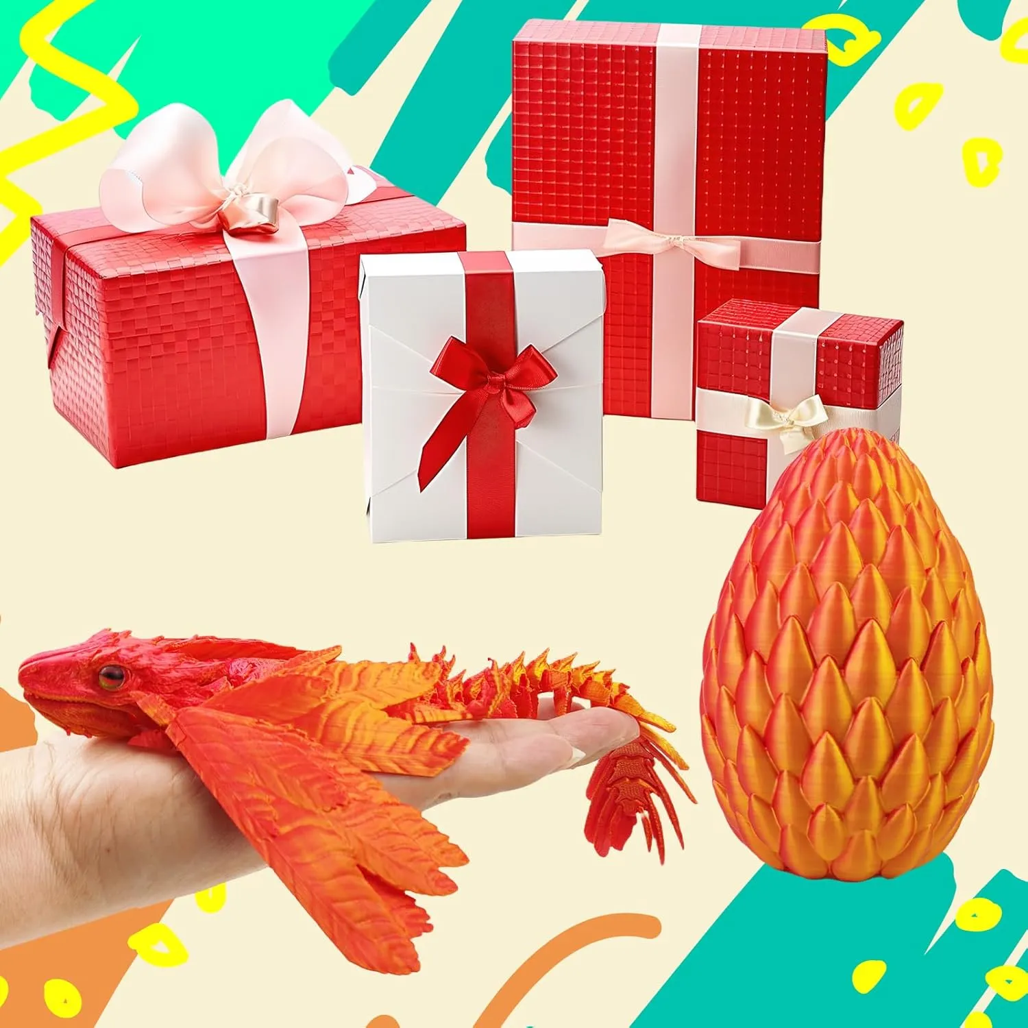 Dynamic 3D Printed Dragon Eggs with Dragon Inside，3D Dragon with Wings Movable, Feathered Wyvern Dragon,Full Articulated Crystal Flying Fidget Dragon, 3D Printed Archaeopteryx Bird Animals Toy