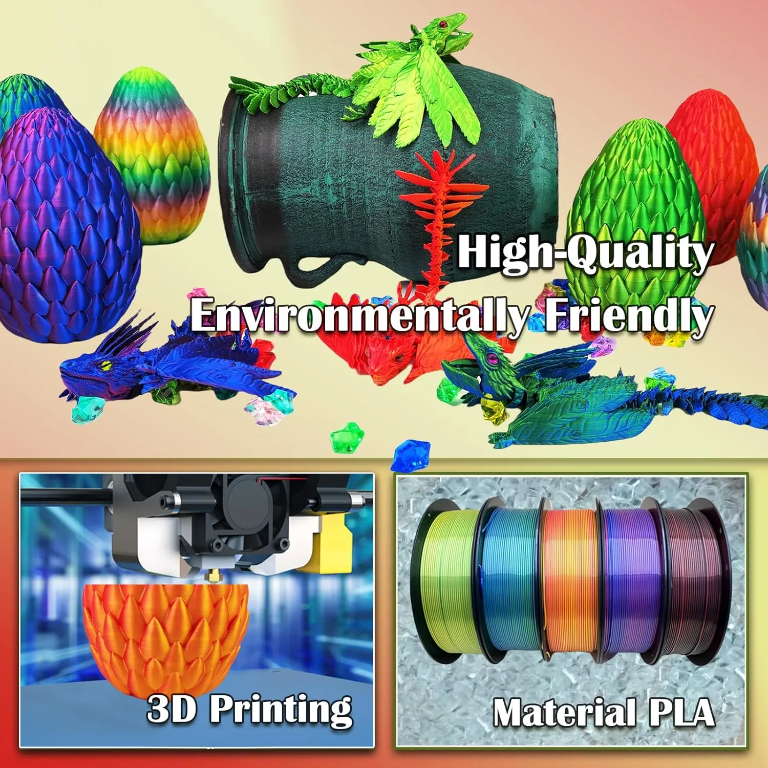 Dynamic 3D Printed Dragon Eggs with Dragon Inside，3D Dragon with Wings Movable, Feathered Wyvern Dragon,Full Articulated Crystal Flying Fidget Dragon, 3D Printed Archaeopteryx Bird Animals Toy