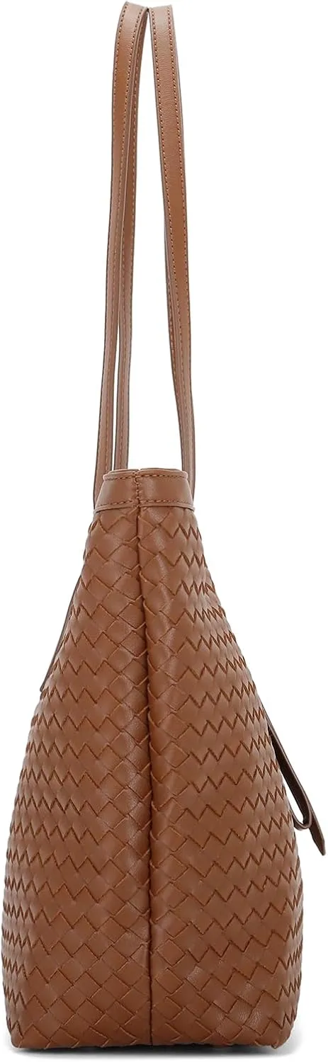E Woven Tote Bags for Women Vegan Leather Top Handle Shoulder Handbag