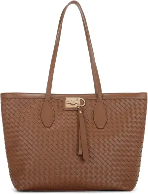 E Woven Tote Bags for Women Vegan Leather Top Handle Shoulder Handbag