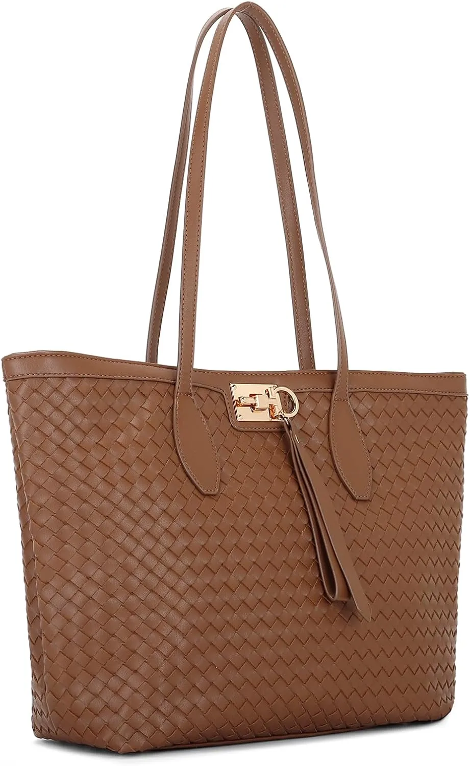 E Woven Tote Bags for Women Vegan Leather Top Handle Shoulder Handbag