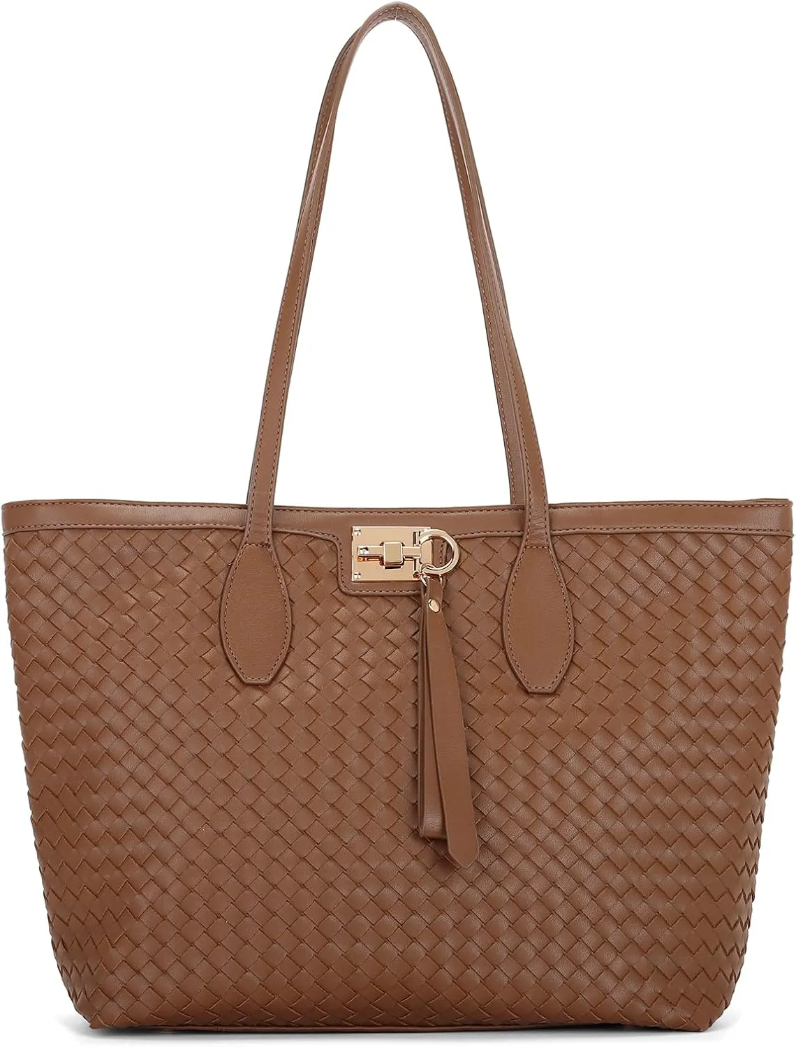 E Woven Tote Bags for Women Vegan Leather Top Handle Shoulder Handbag
