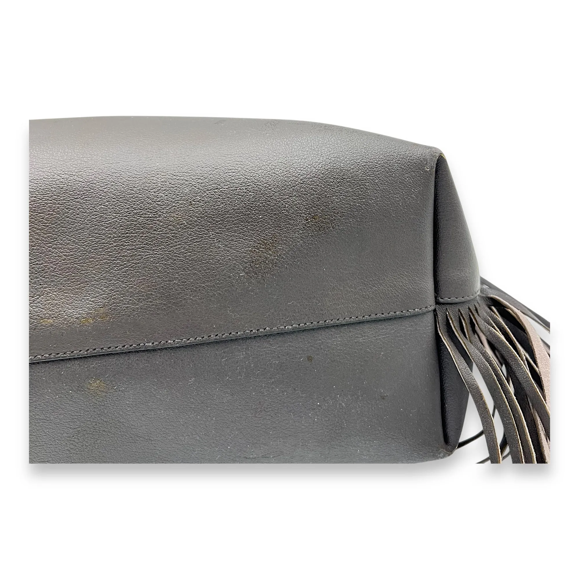 East West Shopping Fringe Tote Bag Grey in Calfskin, Silver hardware