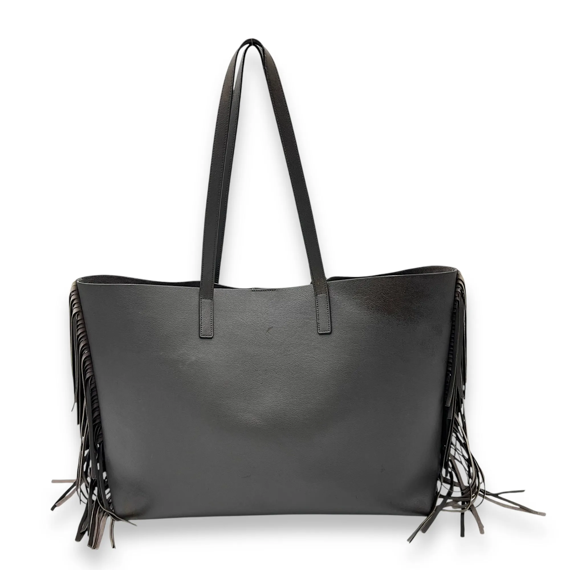 East West Shopping Fringe Tote Bag Grey in Calfskin, Silver hardware
