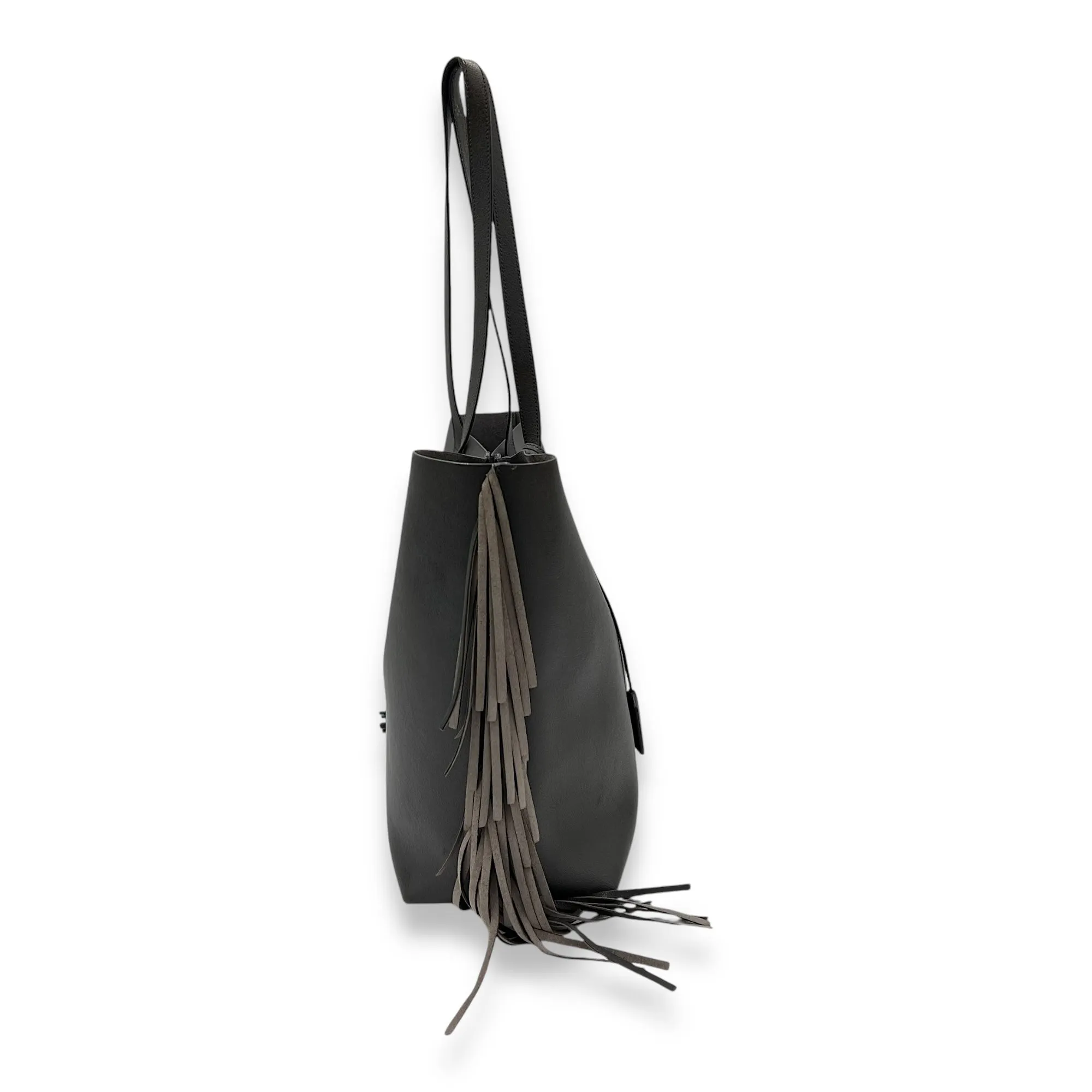 East West Shopping Fringe Tote Bag Grey in Calfskin, Silver hardware