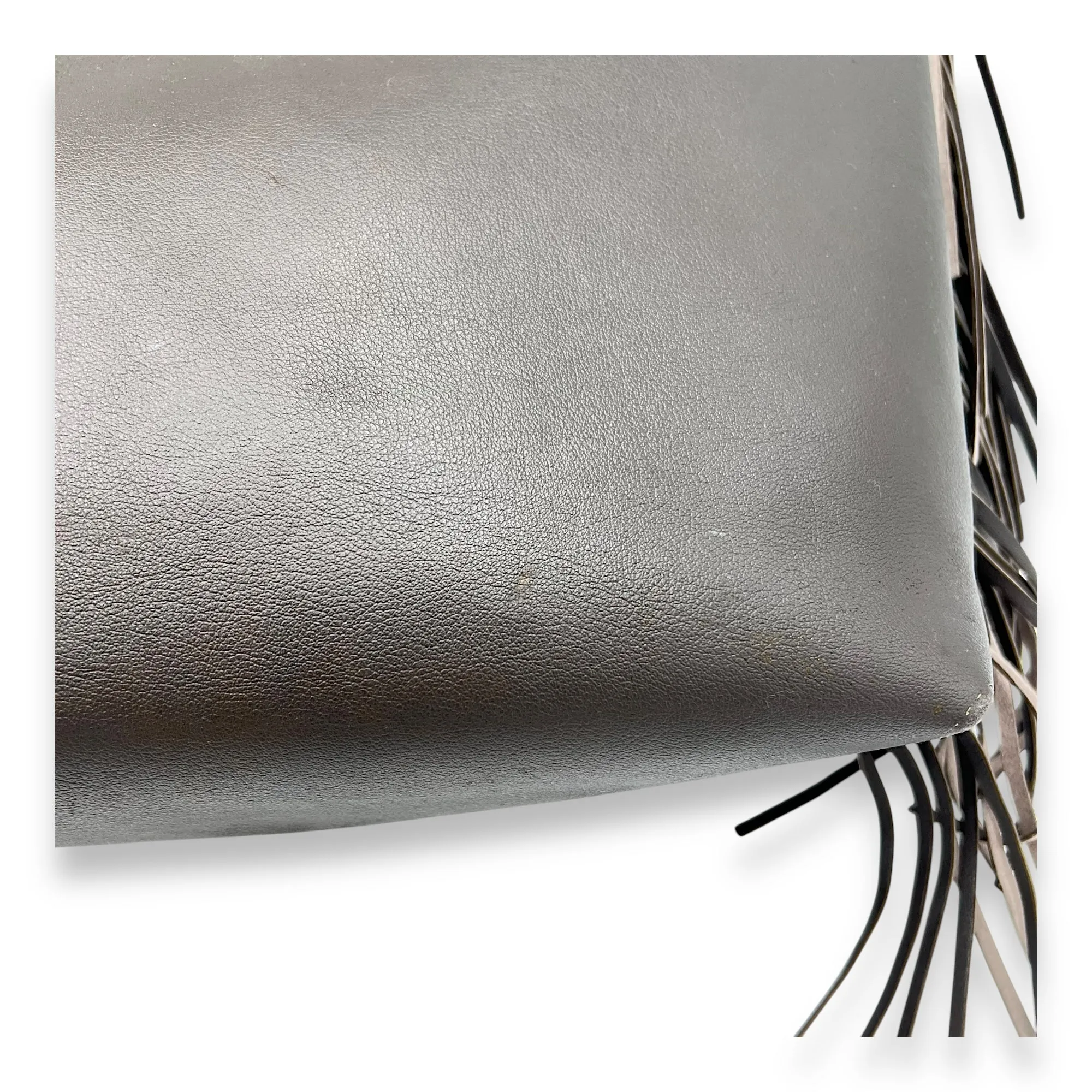 East West Shopping Fringe Tote Bag Grey in Calfskin, Silver hardware