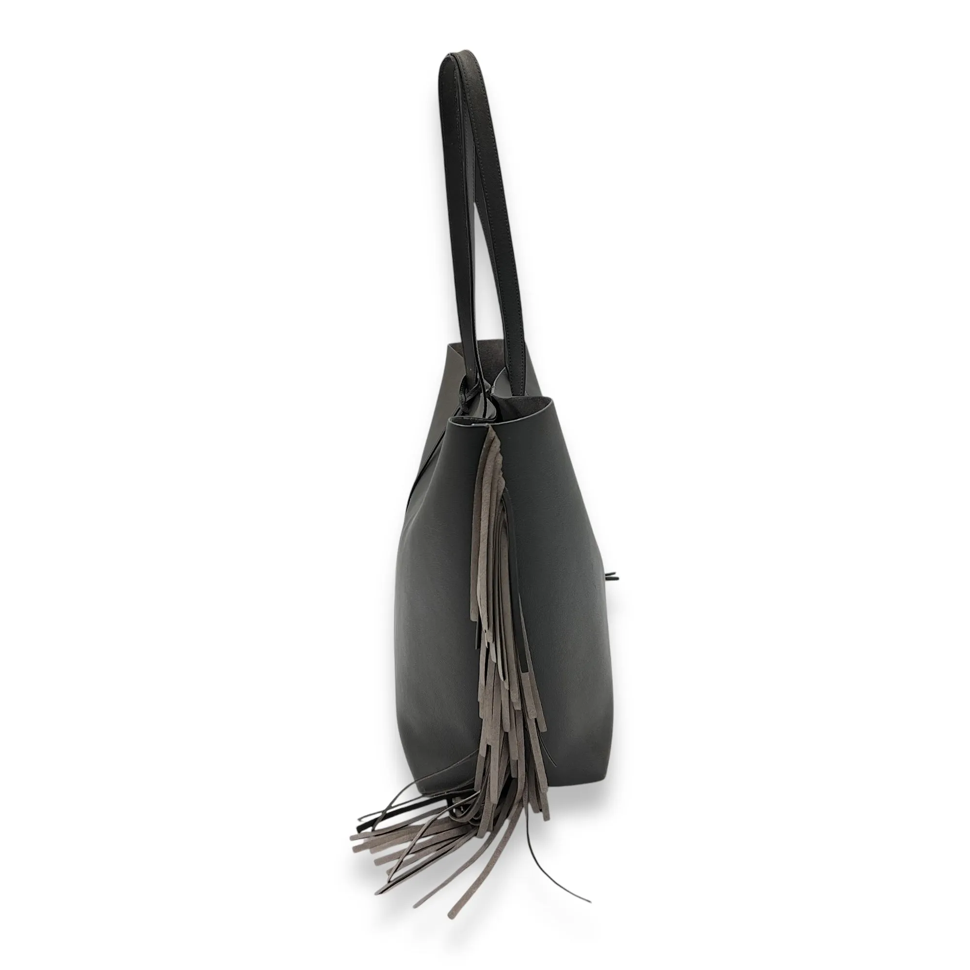 East West Shopping Fringe Tote Bag Grey in Calfskin, Silver hardware