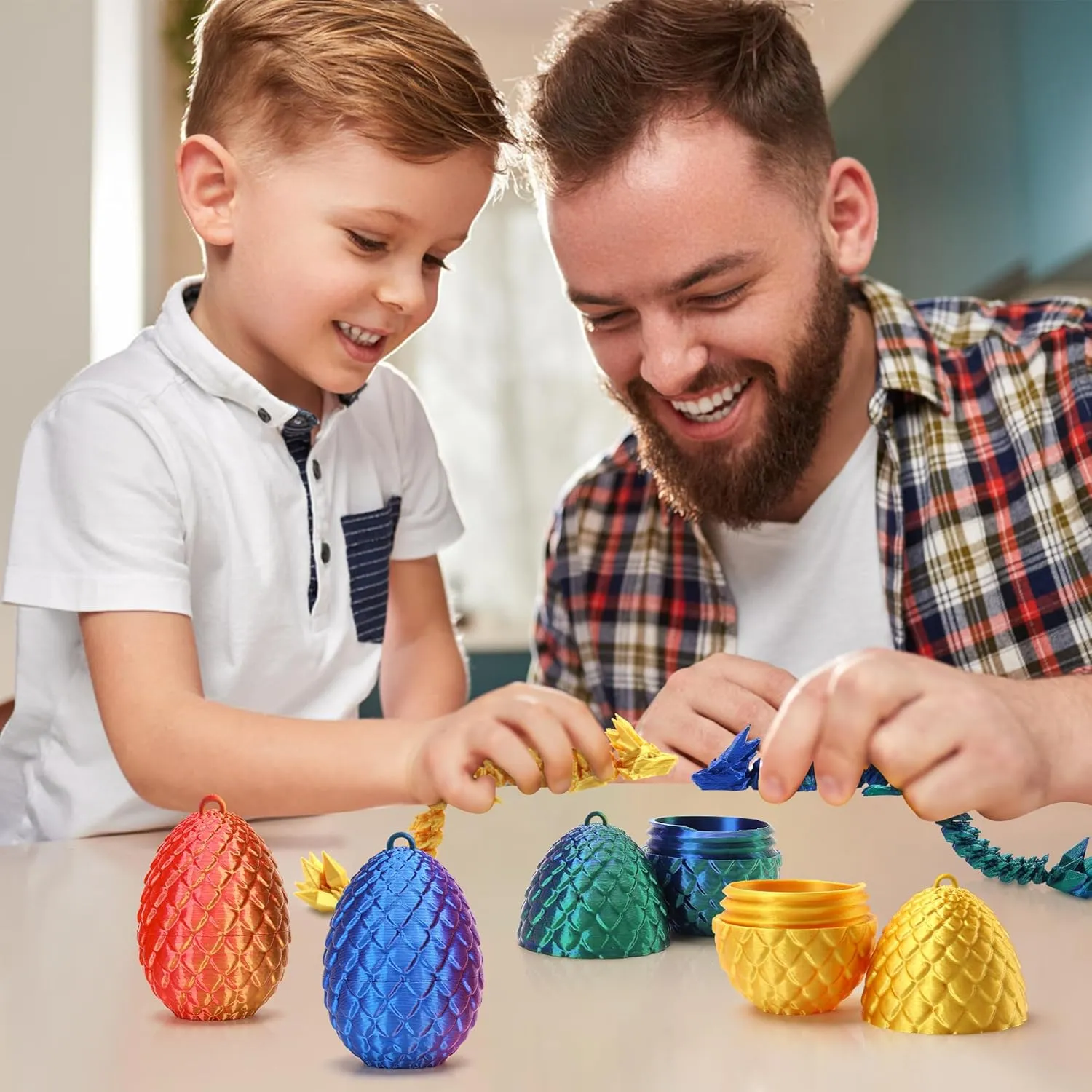 Easter Basket Stufers, 4 Pcs Mini 3D Printed Dragon Eggs with Crystal Dragon Inside, Easter Egg fillers Easter Gifts for for Chrismas, Thanks Giving Valentine's Day, Easter, Bithday (with keychain)
