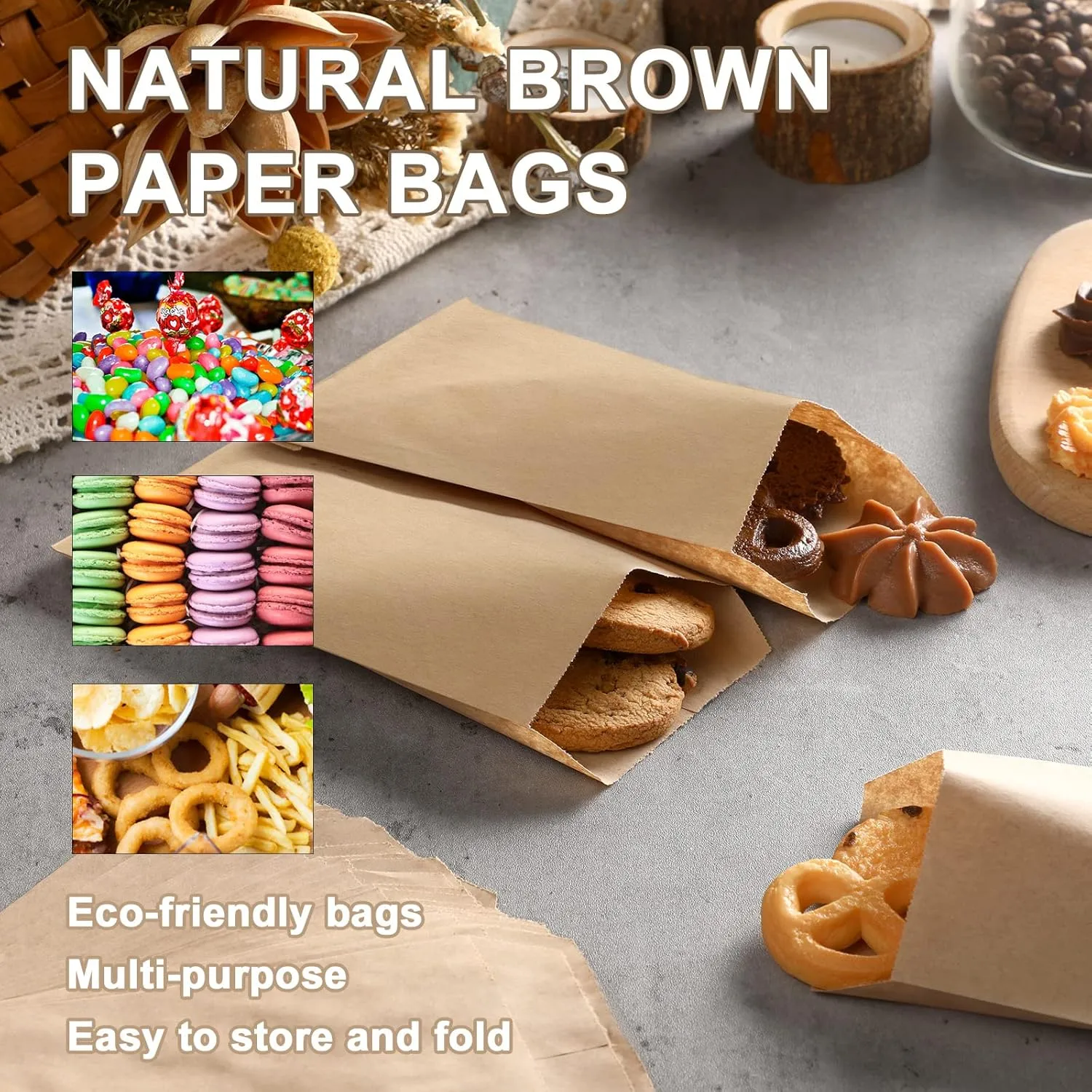 Eersida 500 Pcs Kraft Paper Treat Bags Mini Paper Small Flat Favor Silverware Party Favor Envelopes Merchandise Bags for Snack Cookie Popcorn Candy Sandwich Gift (4 x 6 Inch)