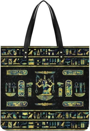 Egyptian Hieroglyphs Gold Blue Marble Women Tote Bags Top Handle Satchel Handbags PU Faux Leather Tassel Shoulder Purse