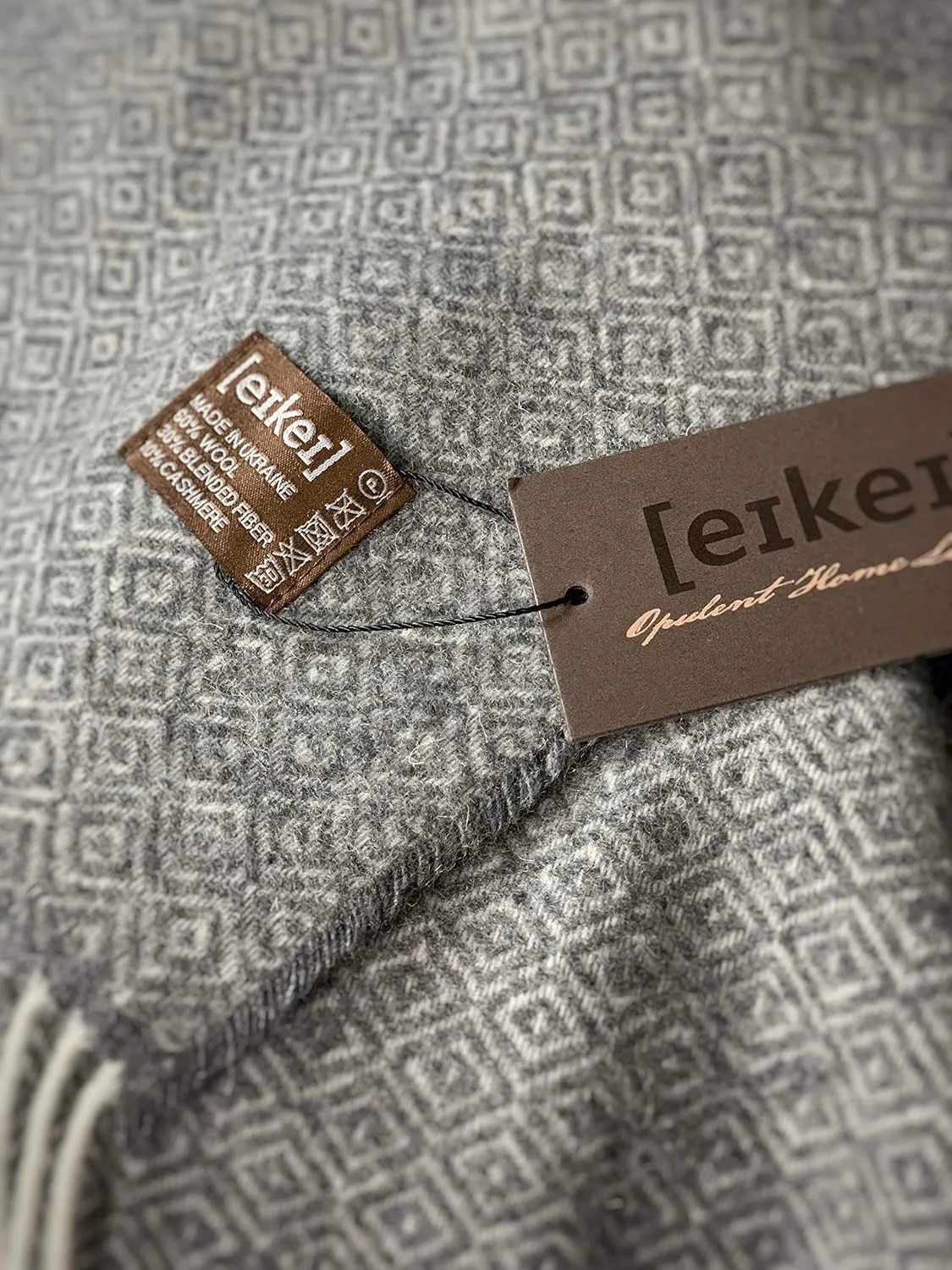Eikei Wool Throw Blanket Geo Diamond Pattern Oversized Couch Throw Blanket Fringe Trim Soft Merino Woolen Afghan Minimalist Style Lightweight Machine Washable (Charcoal, 55Wx78L)