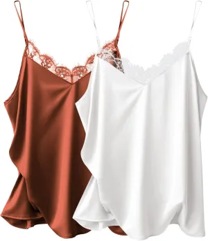 Ekouaer Women's 2 PCS Cami Top Satin Tank Top Adjustable Spaghetti Strap Camisole