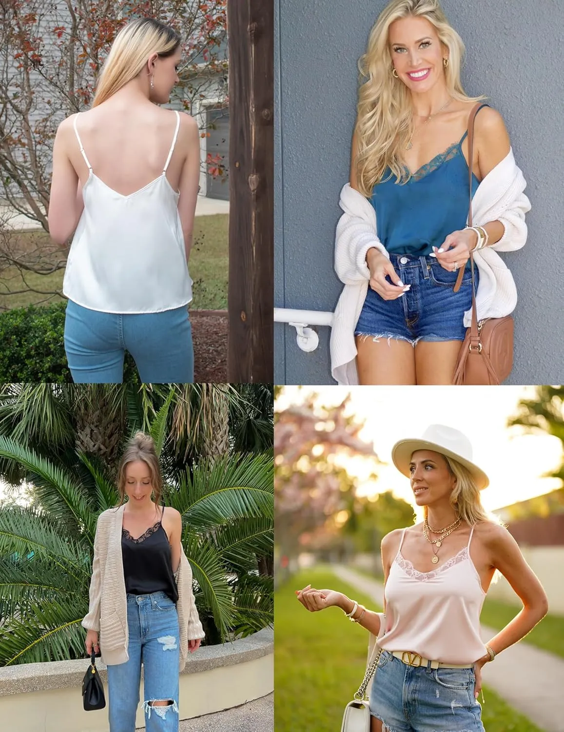Ekouaer Women's 2 PCS Cami Top Satin Tank Top Adjustable Spaghetti Strap Camisole