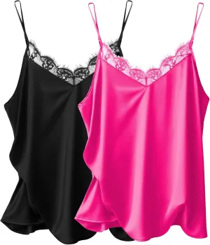 Ekouaer Women's 2 PCS Cami Top Satin Tank Top Adjustable Spaghetti Strap Camisole
