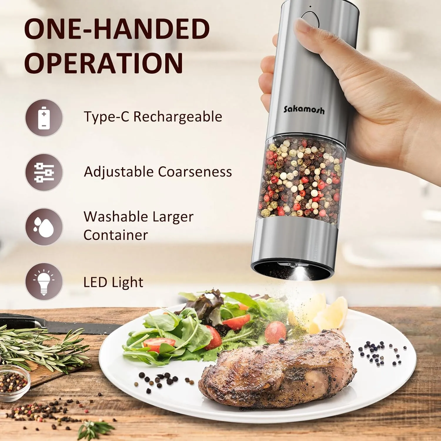 Electric Salt and Pepper Grinder Set, Rechargeable, Adjustable Coarseness with LED Light, Stainless Steel Electric Salt and Pepper Shakers Refillable(2 Packs)