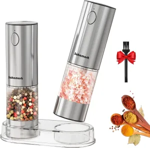 Electric Salt and Pepper Grinder Set, Rechargeable, Adjustable Coarseness with LED Light, Stainless Steel Electric Salt and Pepper Shakers Refillable(2 Packs)