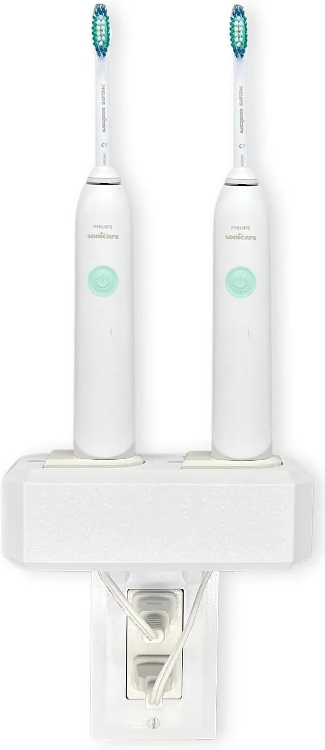 Electric Toothbrush Holder, Wall Mount, Compatible with Sonicare Holds 2 Chargers, Mounts on Single GFCI/Decora Outlet ONLY. (Charger/Brushes NOT Included), White (PS2C-GSSV)