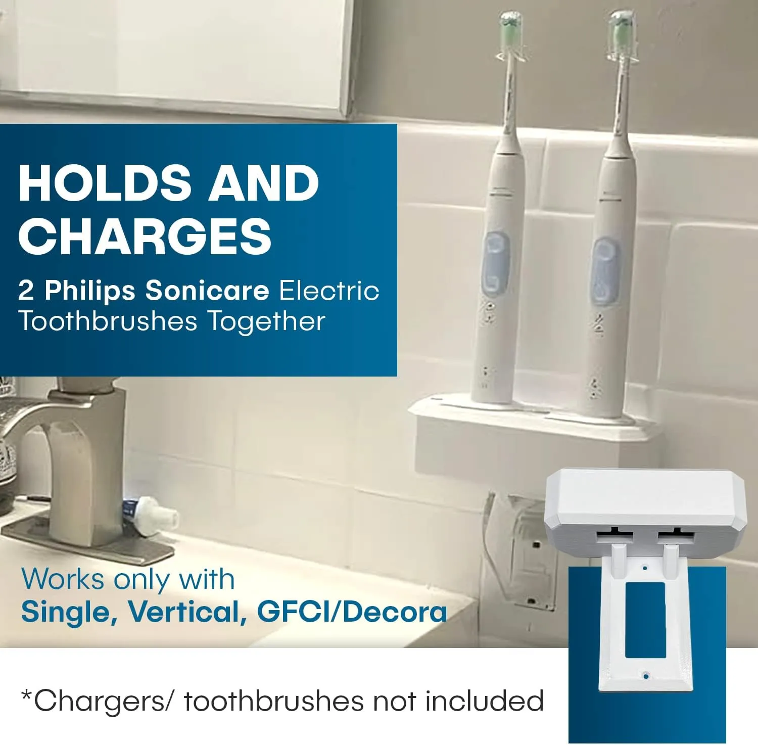 Electric Toothbrush Holder, Wall Mount, Compatible with Sonicare Holds 2 Chargers, Mounts on Single GFCI/Decora Outlet ONLY. (Charger/Brushes NOT Included), White (PS2C-GSSV)