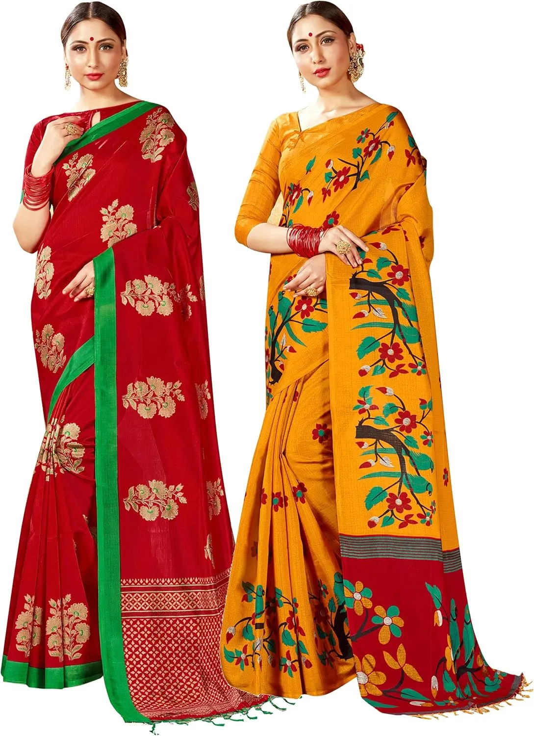 Elina fashion Pack of Two Sarees for Women Mysore Art Silk Printed Indian Diwali Sari || Wedding Gift Saree Combo