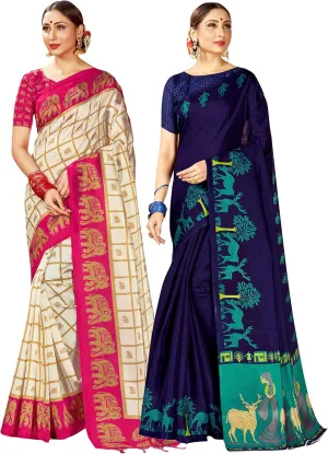 Elina fashion Pack of Two Sarees for Women Mysore Art Silk Printed Indian Diwali Sari || Wedding Gift Saree Combo