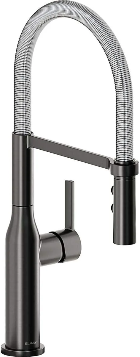 Elkay Avado Single Hole Kitchen Faucet with Semi-professional Spout and Forward Only Lever Handle, Black Stainless and Chrome