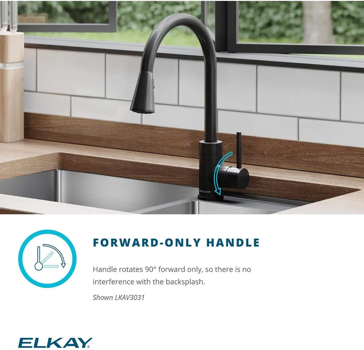 Elkay Avado Single Hole Kitchen Faucet with Semi-professional Spout and Forward Only Lever Handle, Black Stainless and Chrome