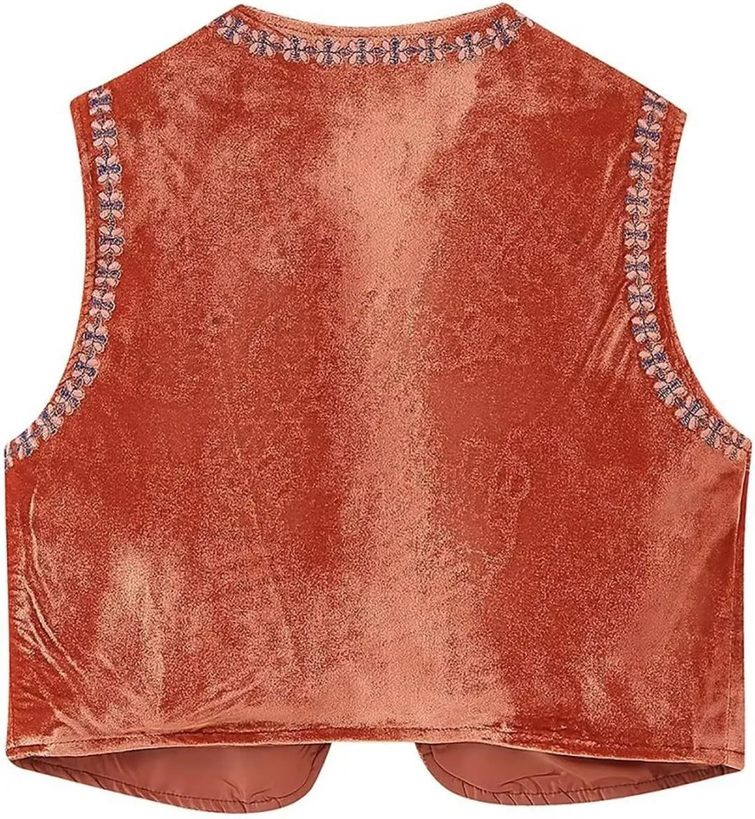 Embroidered Floral Velvet Vest for Women Vintage Sleeveless Open Front Crop Cardigan Boho Style Waistcoat Jackets
