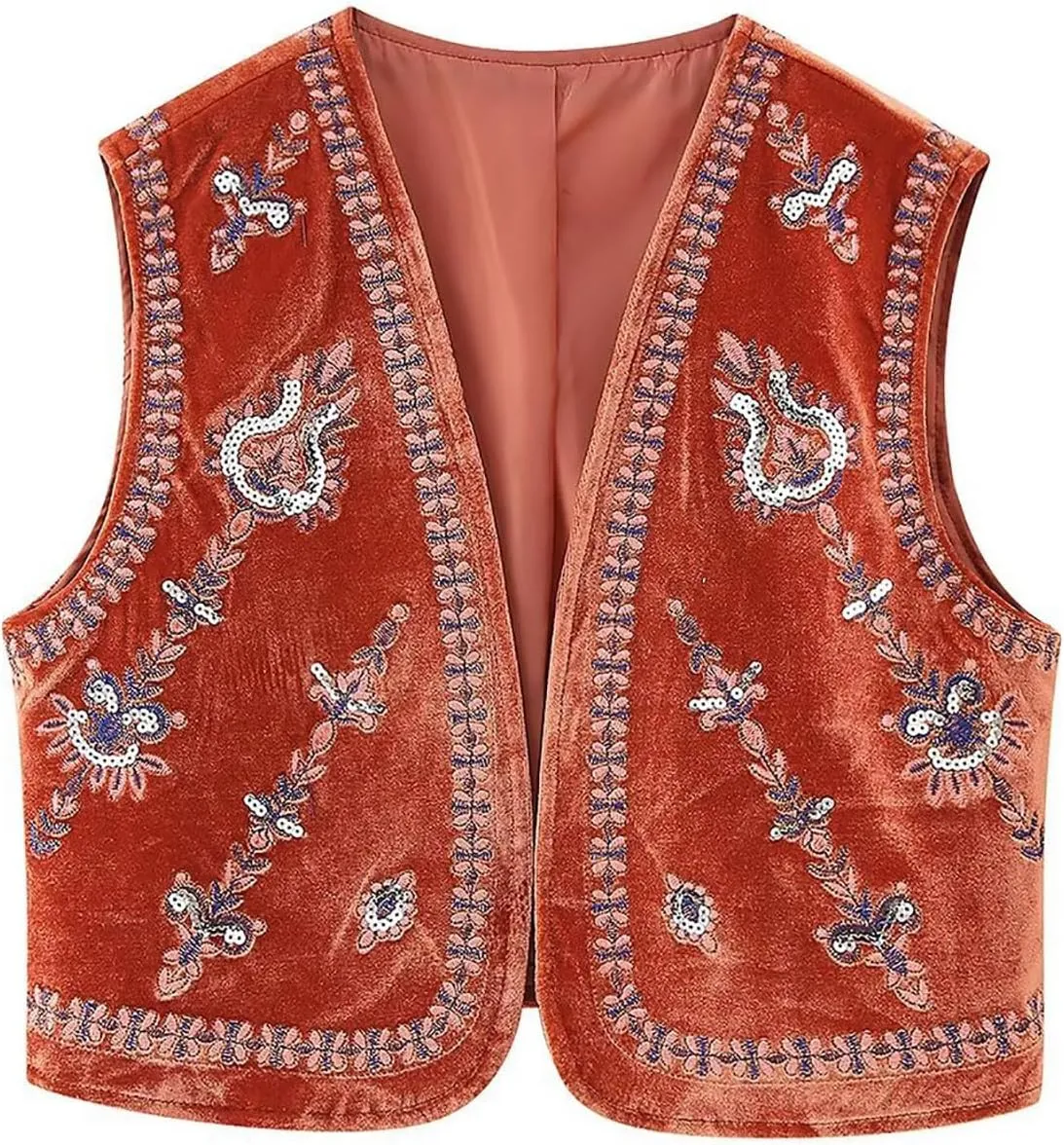 Embroidered Floral Velvet Vest for Women Vintage Sleeveless Open Front Crop Cardigan Boho Style Waistcoat Jackets