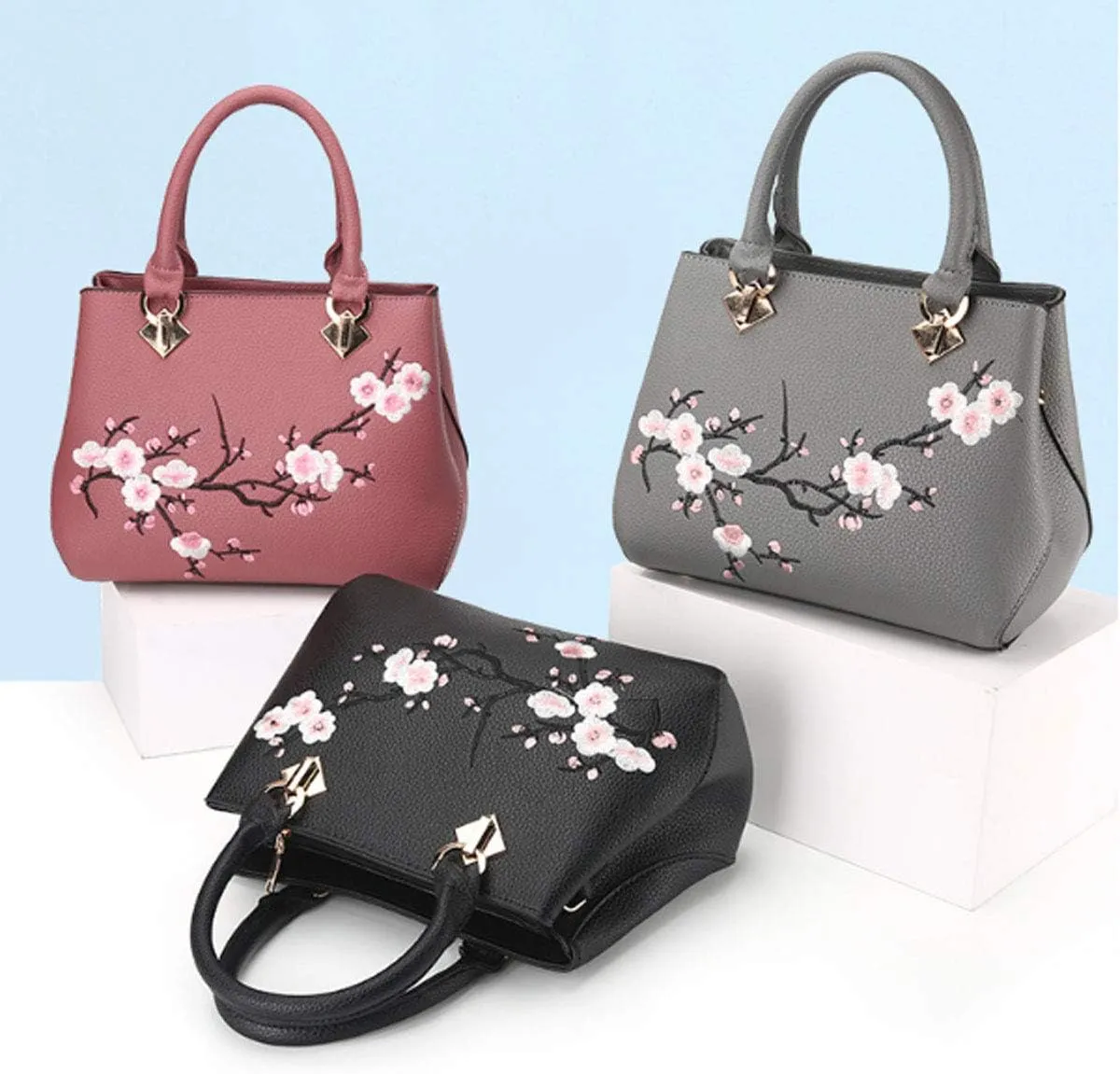 Embroidery Women Top Handle Satchel Handbags Shoulder Bag Tote Purse Messenger Bags Crossbody Bag Pink