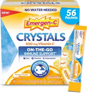 Emergen-C Crystals, On-the-Go Emergen-C Immune Support Supplement with Vitamin C, B Vitamins, Zinc and Manganese, Orange Vitality - 56 Stick Packs