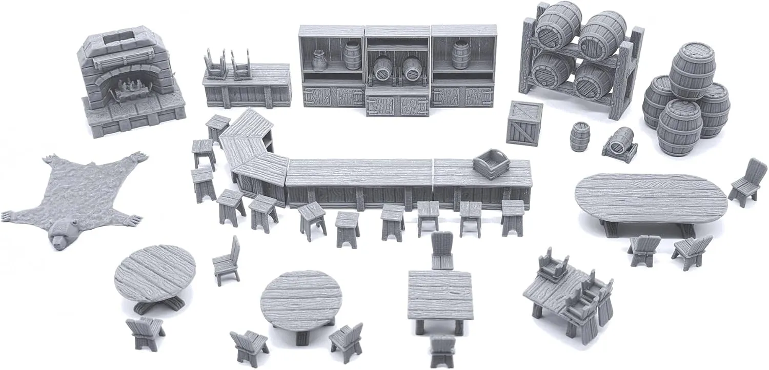 EnderToys Tavern Bar Furniture Set by EC3D, 3D Printed Tabletop RPG Scenery and Wargame Terrain 28mm Miniatures