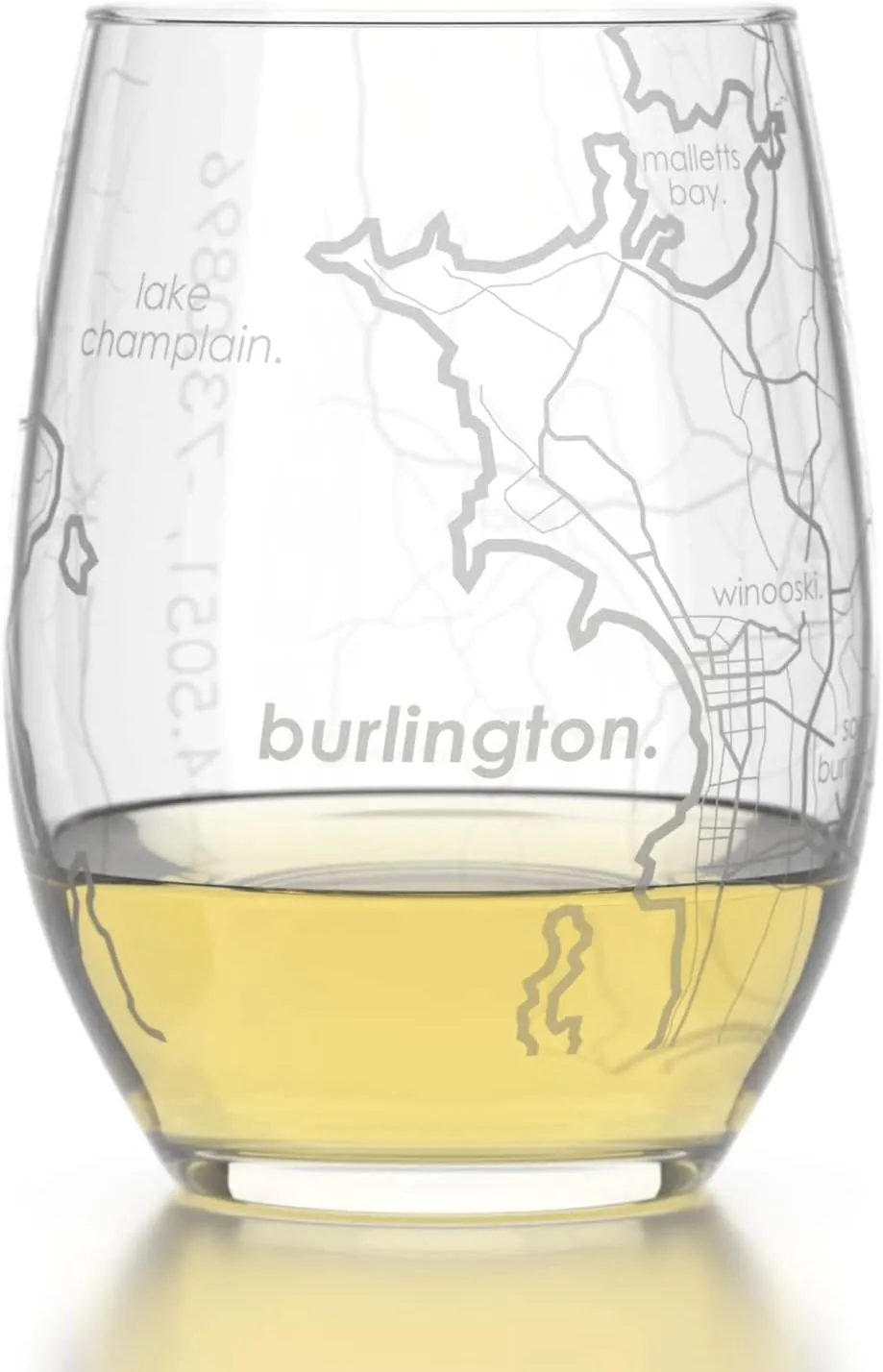 Engraved Burlington Vermont Map Stemless Wine Glass, Etched Glass (15 oz, Clear) City Custom Gifts for Lovers